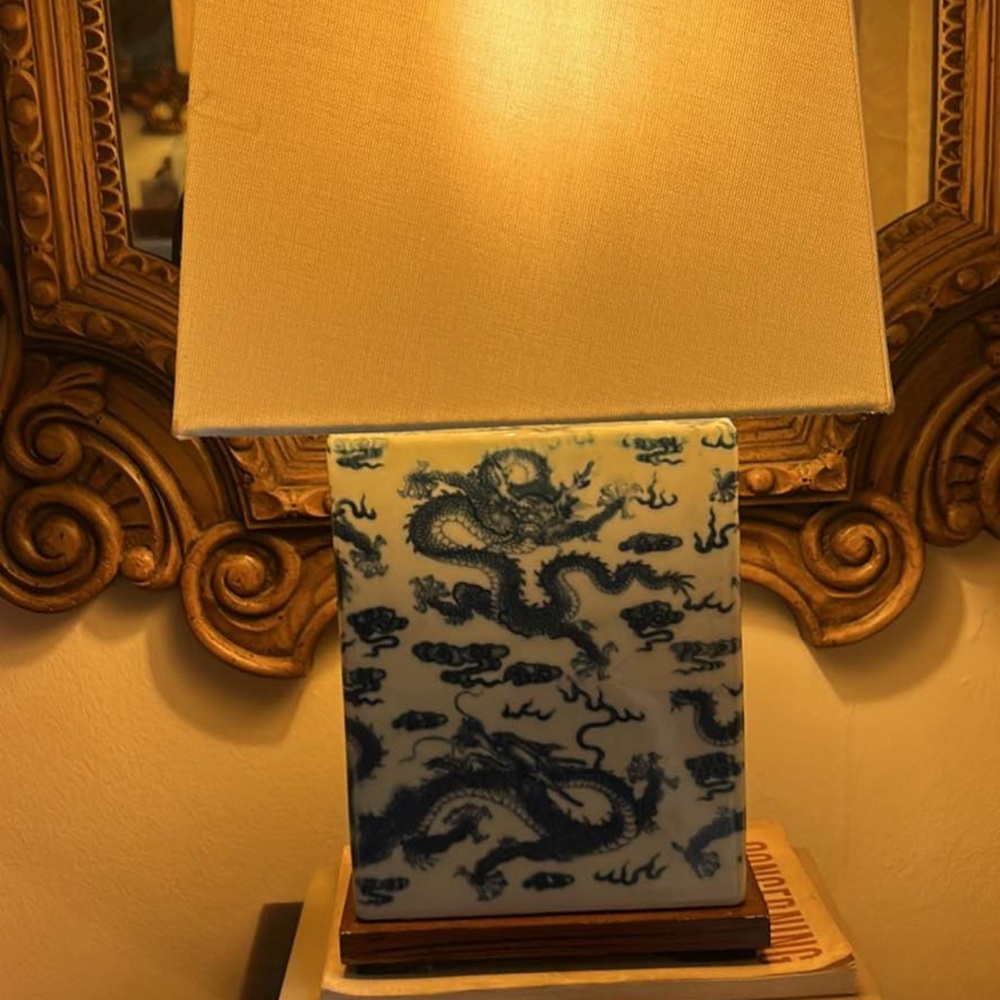 Contemporary Ralph Lauren Blue and White Square Lamp Chinoiserie Dragon Design